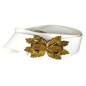 Vintage 80s White Fabric Gold Metal Leaf Buckle Belt Large